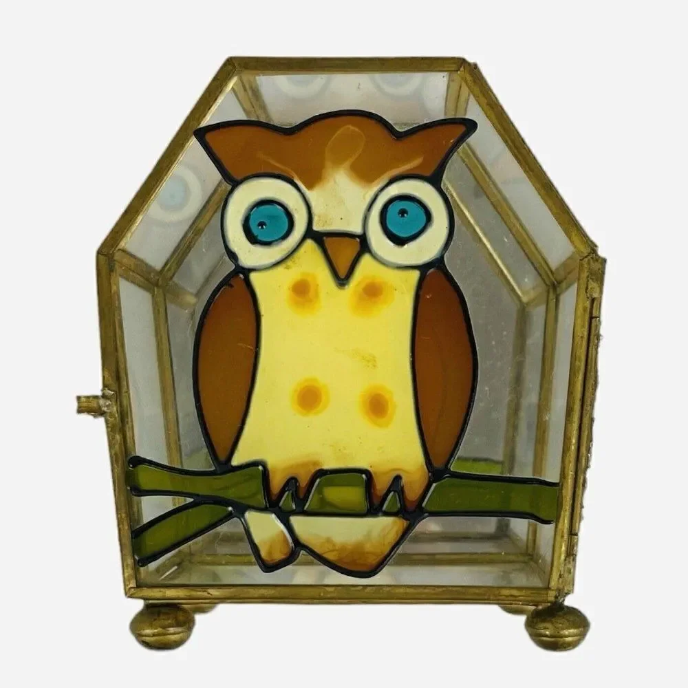 Vintage 1970s Interpur Owl Stained Glass Jewelry Trinket Box Mirrored MCM Taiwan